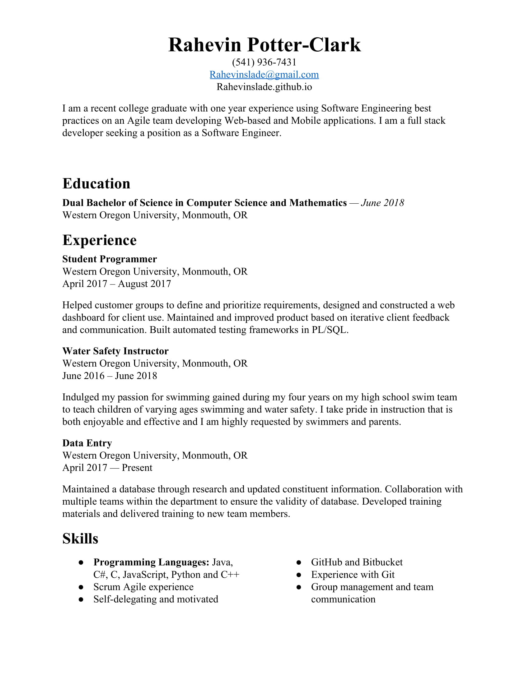 Rahevin's Resume
